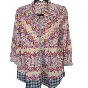Aratta Silent Journey Ikat Paisley Gingham Mixed Print Tunic Top Multicolor Sz S